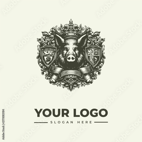 Vintage heraldic emblem featuring a wild boar head with crown and decorative shields.