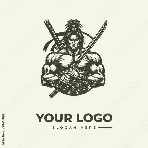 Muscular samurai warrior holding a katana sword logo design template.