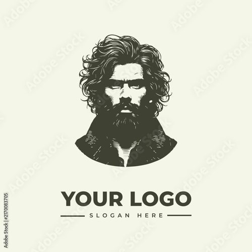 Stylized portrait of a rugged bearded man with curly hair for a logo design.