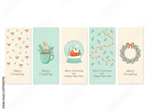 Set of five vertical christmas greeting cards featuring festive flat illustration elements and season greetings typography