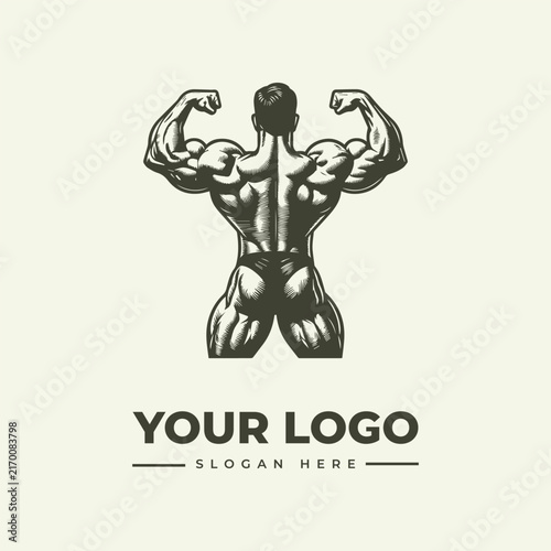 Vintage style illustration of a muscular bodybuilder posing from the back.