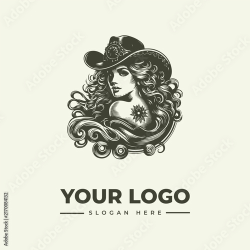 Elegant cowgirl portrait illustration for a western style brand logo design.
