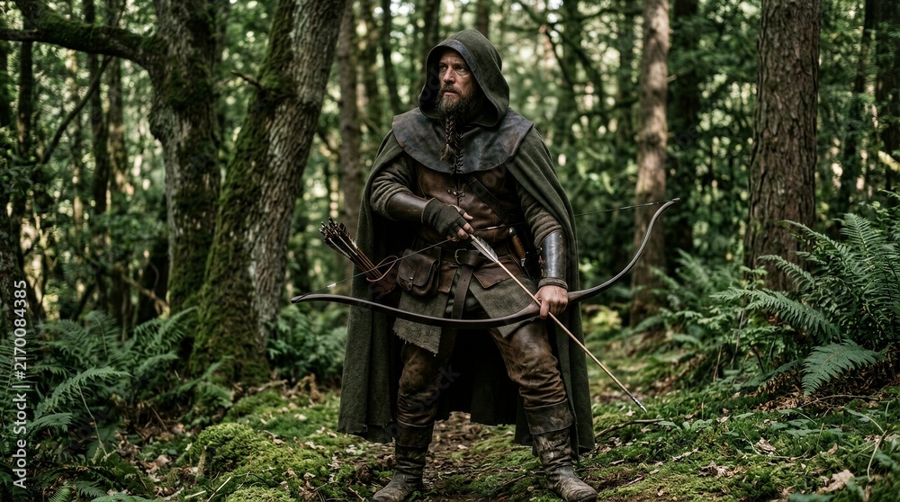 Obraz premium Hooded archer standing ready in mossy temperate forest