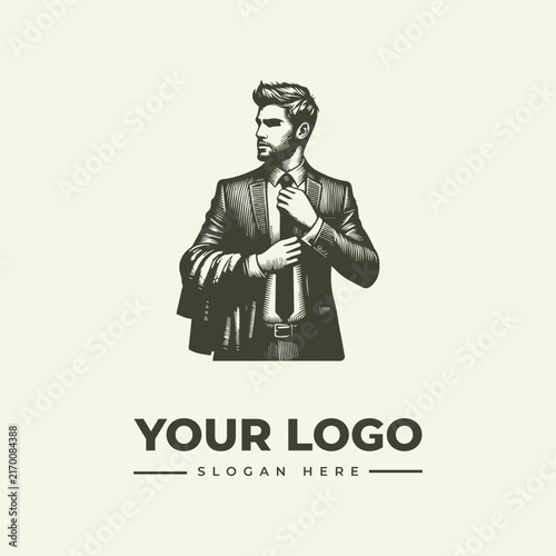 Elegant businessman adjusting his tie wearing a formal suit for a professional logo design.