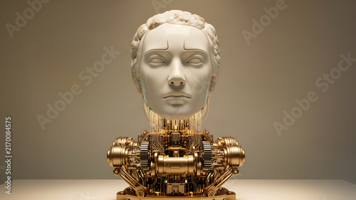 Luxury artificial intelligence command artifact with humanlike robotic face, intricate golden machinery, and futuristic technology against neutral