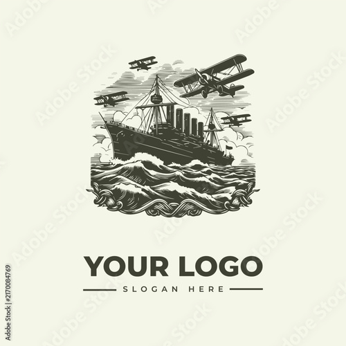 Vintage style illustration of a battleship and biplanes in the ocean for logo design.