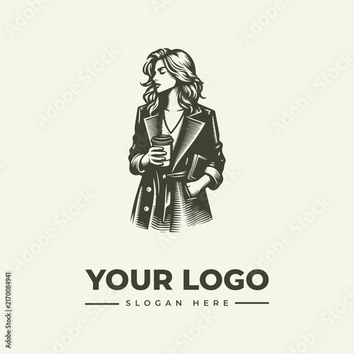 Elegant woman in a coat holding a coffee cup illustration for logo design.