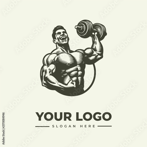 Vintage style illustration of a muscular bodybuilder lifting a heavy dumbbell for a gym logo.
