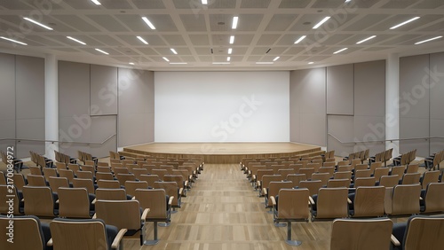 Empty auditorium with rows of wooden chairs facing a large white projection screen on a stage