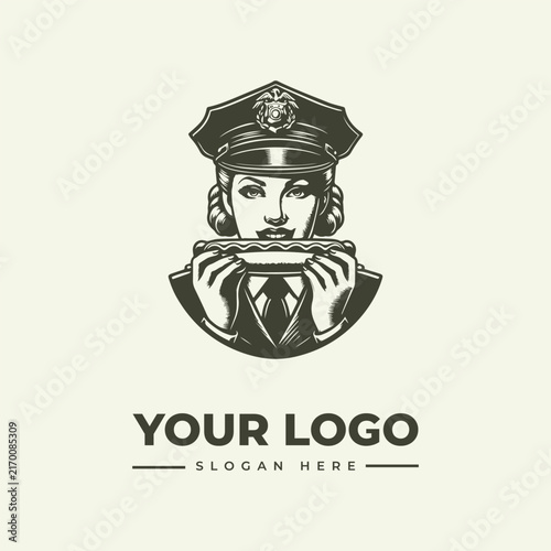 Vintage style illustration of a female police officer eating a delicious hot dog.