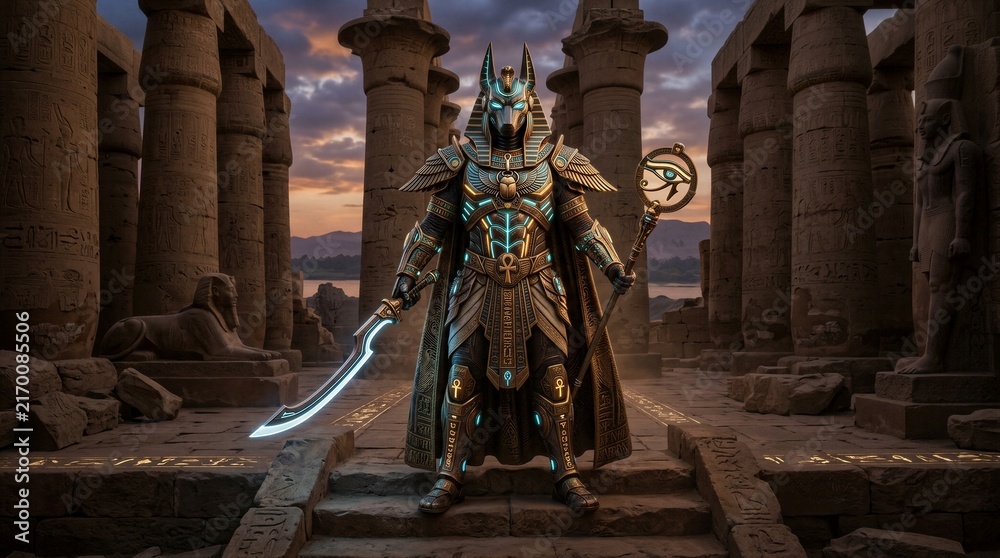 Naklejka premium Armored anubis warrior standing in ancient temple ruins