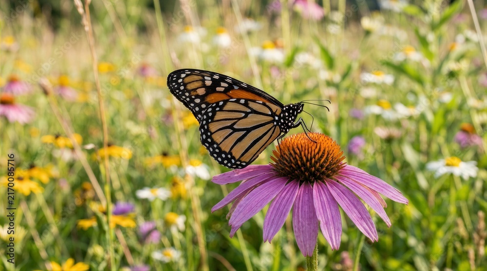 Obraz premium Monarch butterfly feeding on coneflower in wildflower meadow