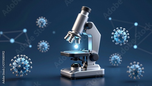 Tapety artystyczne microscope blue background microscope center positioned front group blue coronavirus particles particles scattered around microscope creating network like pattern background solid blue color