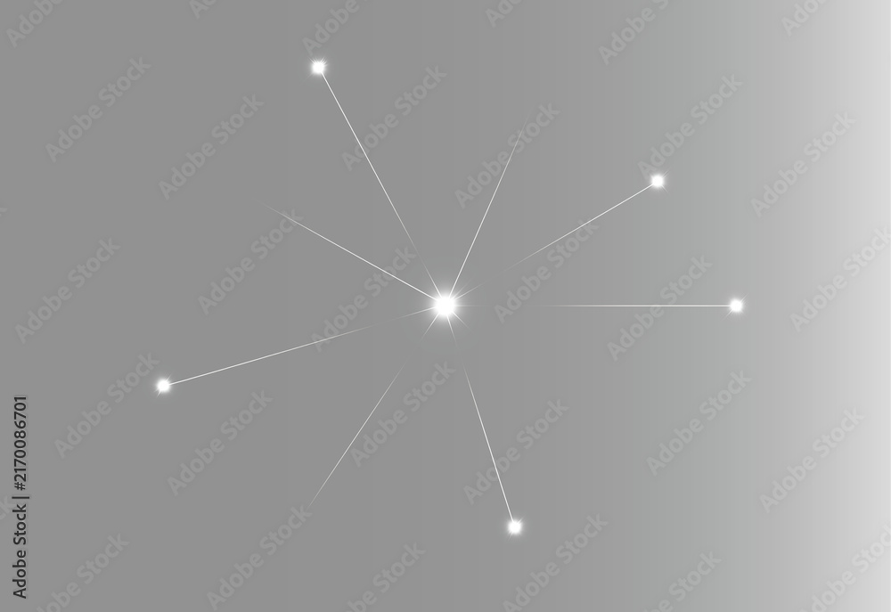 Fototapeta premium Abstract glowing white network constellation node on black background, optical ray overlay, monochrome starry starburst backdrop, high-tech presentation slide template PNG