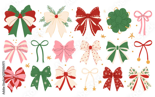 Christmas bows and ribbons collection in red, green, pink and cream. Festive holiday decorations for gift wrapping, cards, invitations, stickers, packaging and seasonal designs, vector illustration