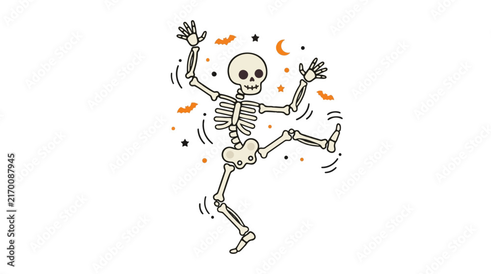 Obraz premium Dancing Skeleton Illustration with Bats and Moon for Halloween Vector Illustration