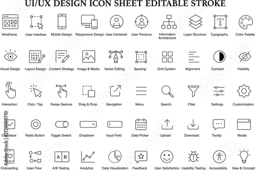 UI UX Design Icon Set - 50 Editable Stroke Line Icons For User Interface, Web Design, Mobile App, Wireframe, Navigation, Interaction And Digital Product Design