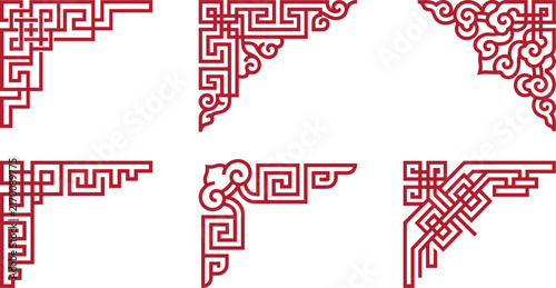 Traditional Chinese red corner border ornaments and geometric key-fret vector graphic set