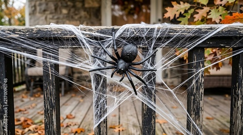 Halloween decoration with a black spider and fake cobwebs on a wooden porch railing