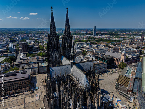 Canvastavla High angle wide horizontal aerial drone photograph of Cologne Cathedral spires,