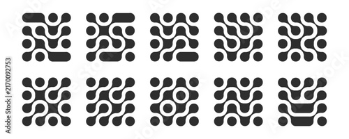 Abstract background with geometric patterns, fluid circles, and seamless grid layout. Contemporary design blending organic shapes with digital precision and clean lines.