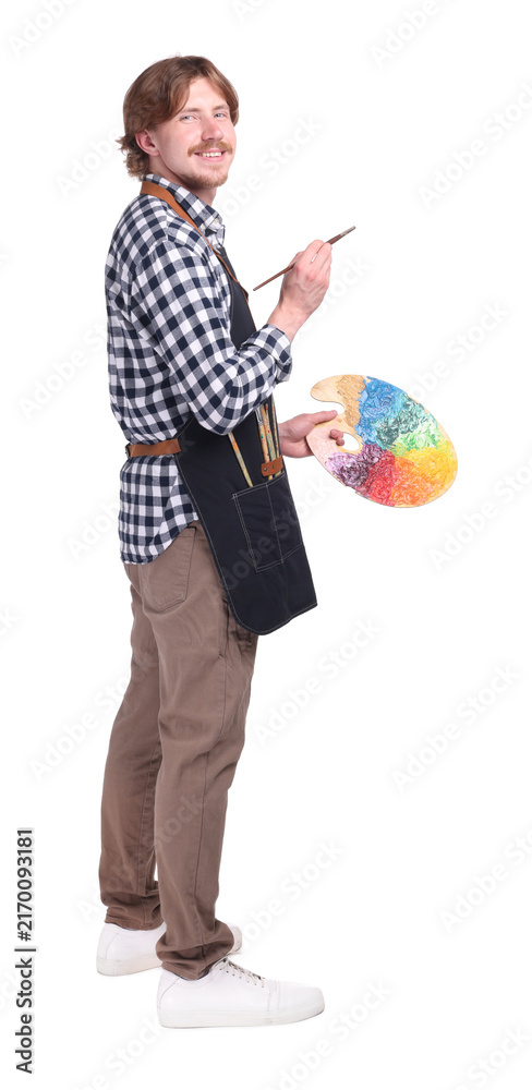 Fototapeta premium Man with painting tools on white background. Young artist