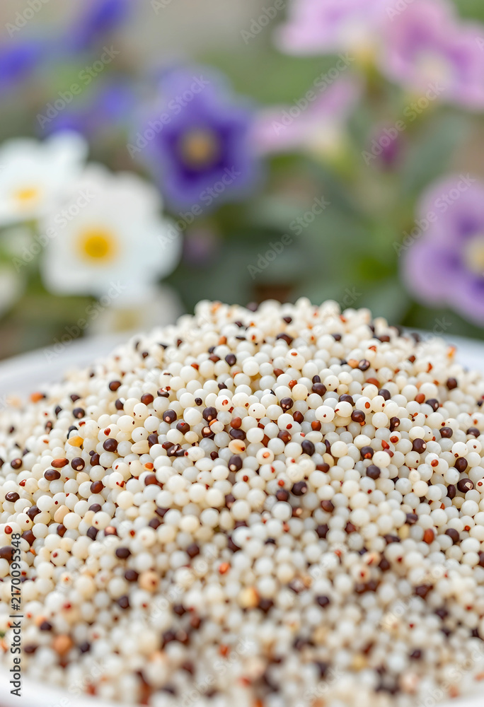 Naklejka premium Healthy eating and superfood nutrition, close up of tri-color quinoa grains with natural background