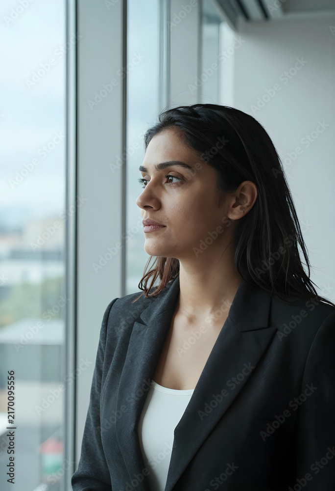 Obraz premium Businesswoman looking out office window, career contemplation and future planning, corporate leadership and professional development