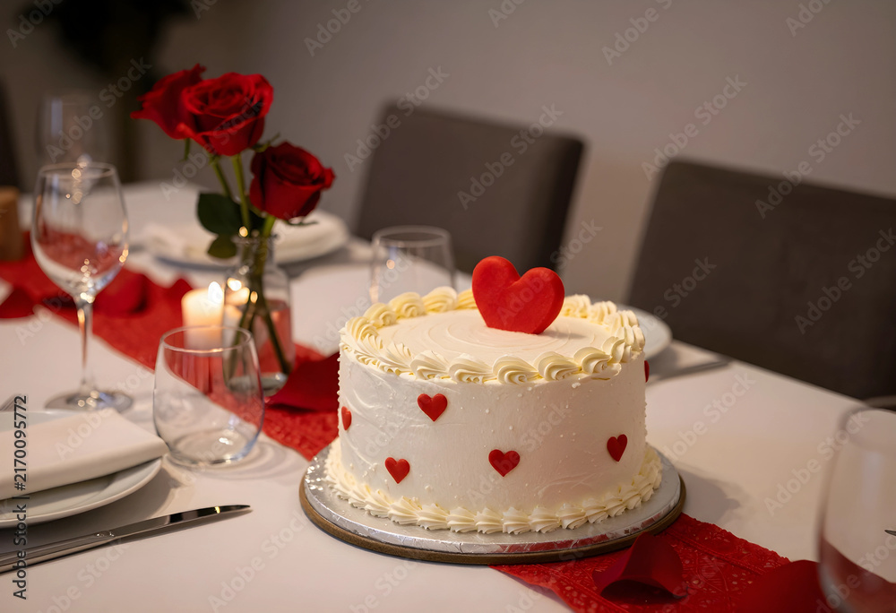 Naklejka premium Romantic dinner celebration with heart cake, red roses, and candlelight for valentines day or anniversary