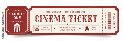 Vintage cinema ticket vector illustration. Retro movie pass design with popcorn, clapperboard and seat number. Admit one entertainment coupon isolated on white background.