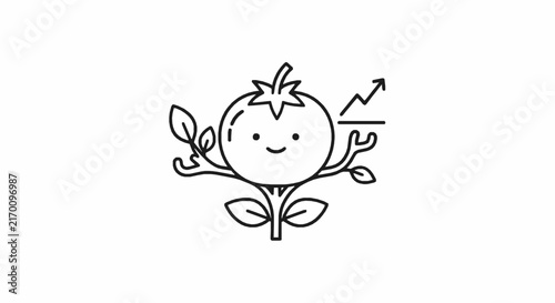 A line art icon of a happy tomato plant with a growing financial chart symbol with smiling tomato character