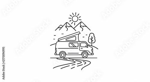 Minimalist line drawing of a camper van parked in a mountain landscape under the sun with emphasizing outdoor travel nature