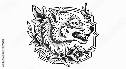 Detailed black and white illustration of a fierce wolf's head surrounded by leaves with leaves geometric borders