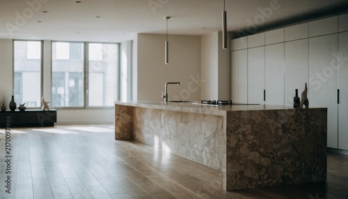 Modern open kitchen with stone island and minimalist cabinetry