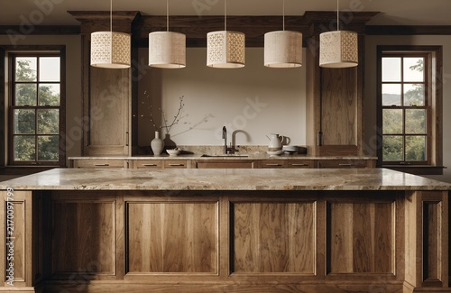 Traditional style kitchen with wood cabinetry and stone island