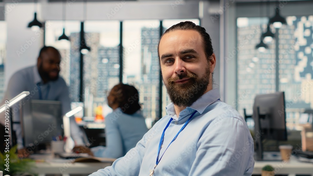 Fototapeta premium Happy trader analyzes market data in prop firm workplace