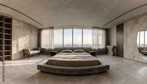Luxury bedroom with panoramic window and elegant stone accents