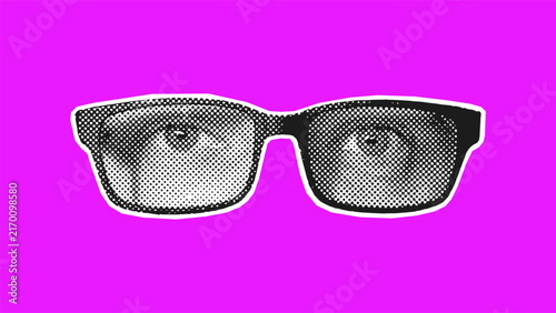 Halftone eyes wearing glasses on vivid magenta background. Vector illustration for vision, intellect, and bold pop art style concepts.