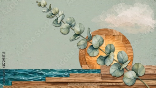Zen Nature Composition. Eucalyptus leaves on wooden geometric shapes and water texture, minimalist abstract background, wellness and spa interior decoration backdrop.