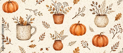 Seamless pattern with pumpkins, potted autumn plants, and dried foliage for seasonal home decor, textile prints, and festive gift wrapping paper backgrounds