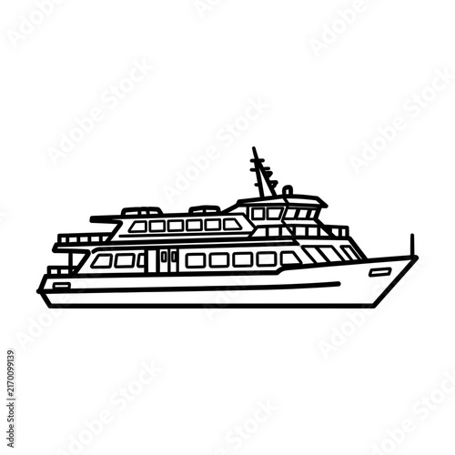 Simple passenger ferry outline with clean black lines on white background, concept for coloring book transportation theme, ideal for children educational activities, preschool worksheets, and