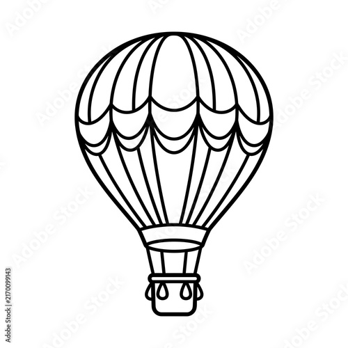 Simple hot air balloon with clean black outlines and striped patterns, concept for coloring book transportation page, ideal for children education and preschool activities.