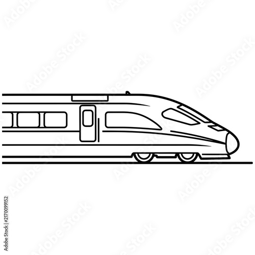 Sleek modern train with clean black outline on a plain white background, concept for kids coloring book transportation page, ideal for preschool educational activities and children entertainment.