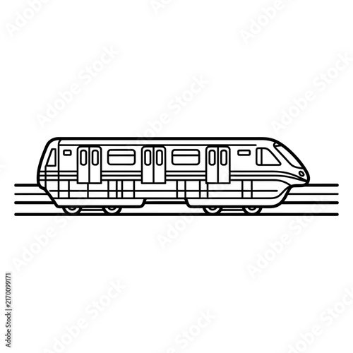 Simple modern train with clean black outline on white background, concept for coloring book transportation theme, suitable for kids educational activities, preschool worksheets and creative hobby
