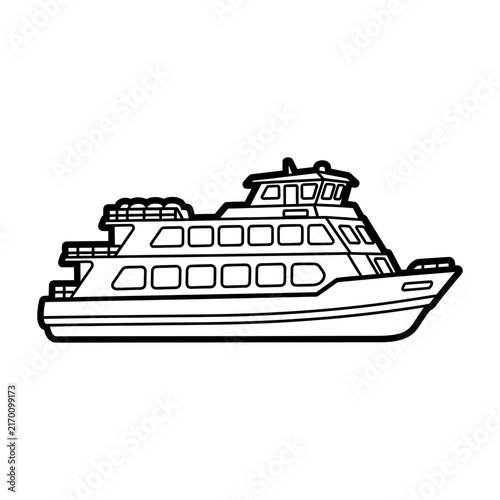 Simple ferry boat with clean black contours on a white background, concept for coloring book transportation, ideal for kids educational worksheets, preschool activities and creative craft projects.