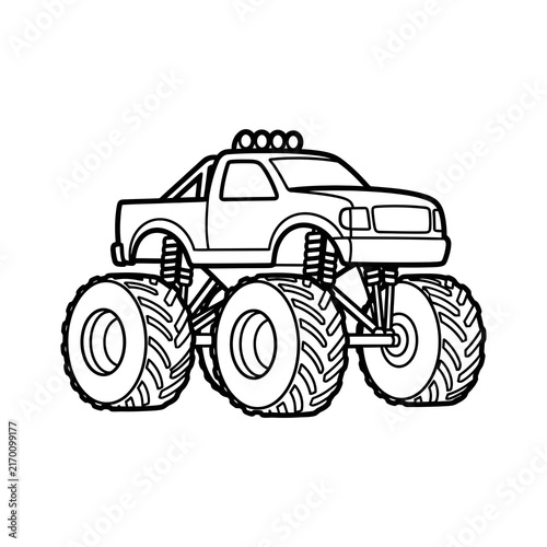 Bold monster truck with oversized tires and high suspension on a clean white background, concept for coloring book transportation, ideal for children's creative playtime and learning.