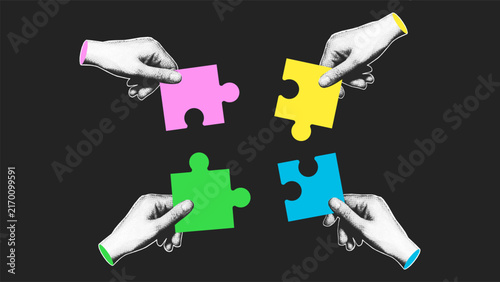 Halftone hands holding colorful puzzle pieces and reaching toward each other, symbolizing teamwork. Pop art illustration of connection and collaboration.