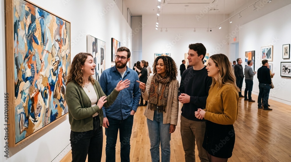 Obraz premium Diverse group of friends enjoying modern art exhibition at a gallery with abstract paintings on display