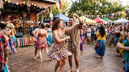 Couple dancing joyfully at an outdoor summer music festival with a live band playing on stage
