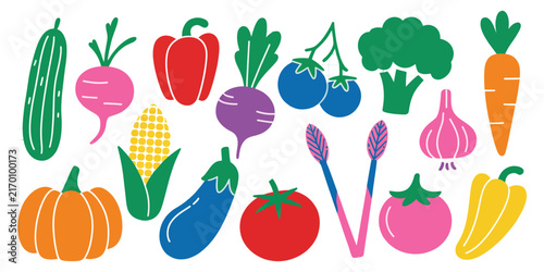 Paper Vegetables with Colorful Cutout Onion, Tomato, Pumpkin Doodles, Organic Harvest Stickers, Hand Drawn Sketch, Grid Background Vector Set